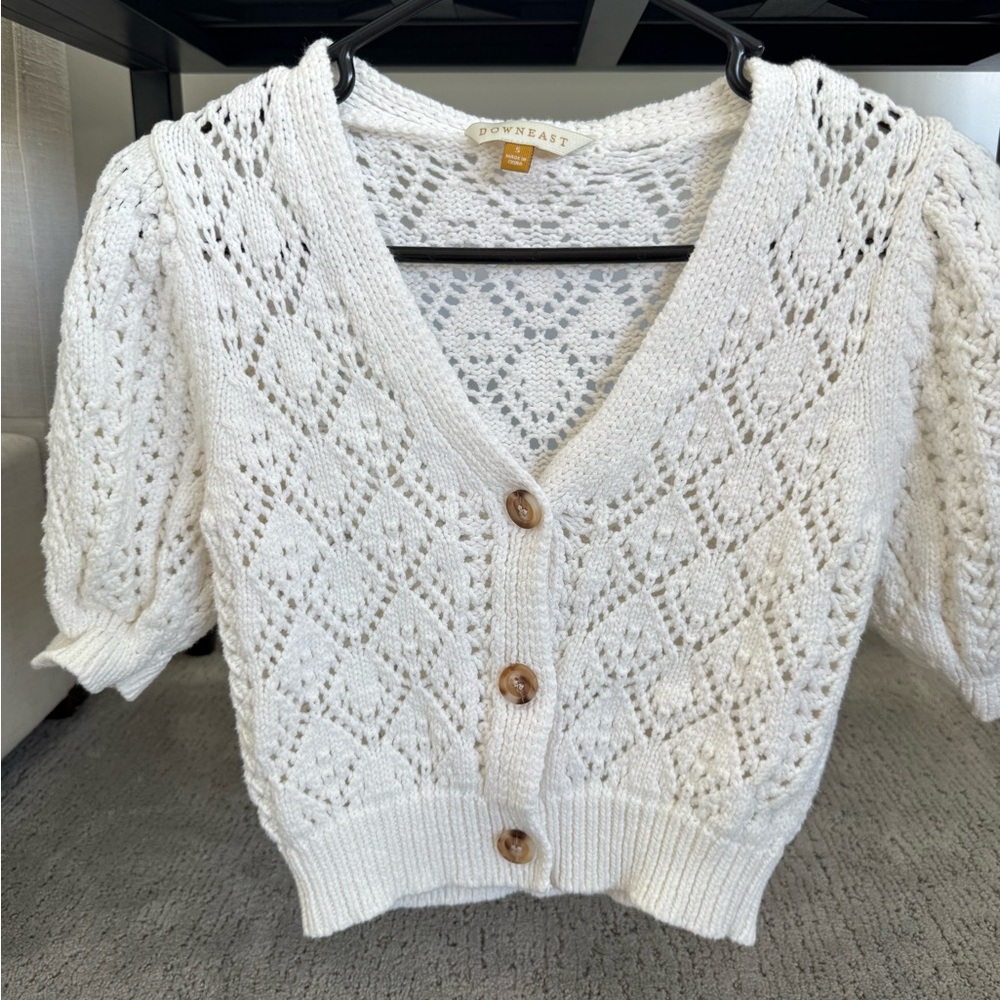 DownEast White Cardigan with Lace Knit Pattern